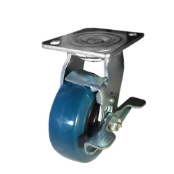 4" SWIVEL CASTER WITH POLYURETHANE ON POLYOLEFIN (BLUE ON BLACK) WHEEL AND TOP LOCK BRAKE